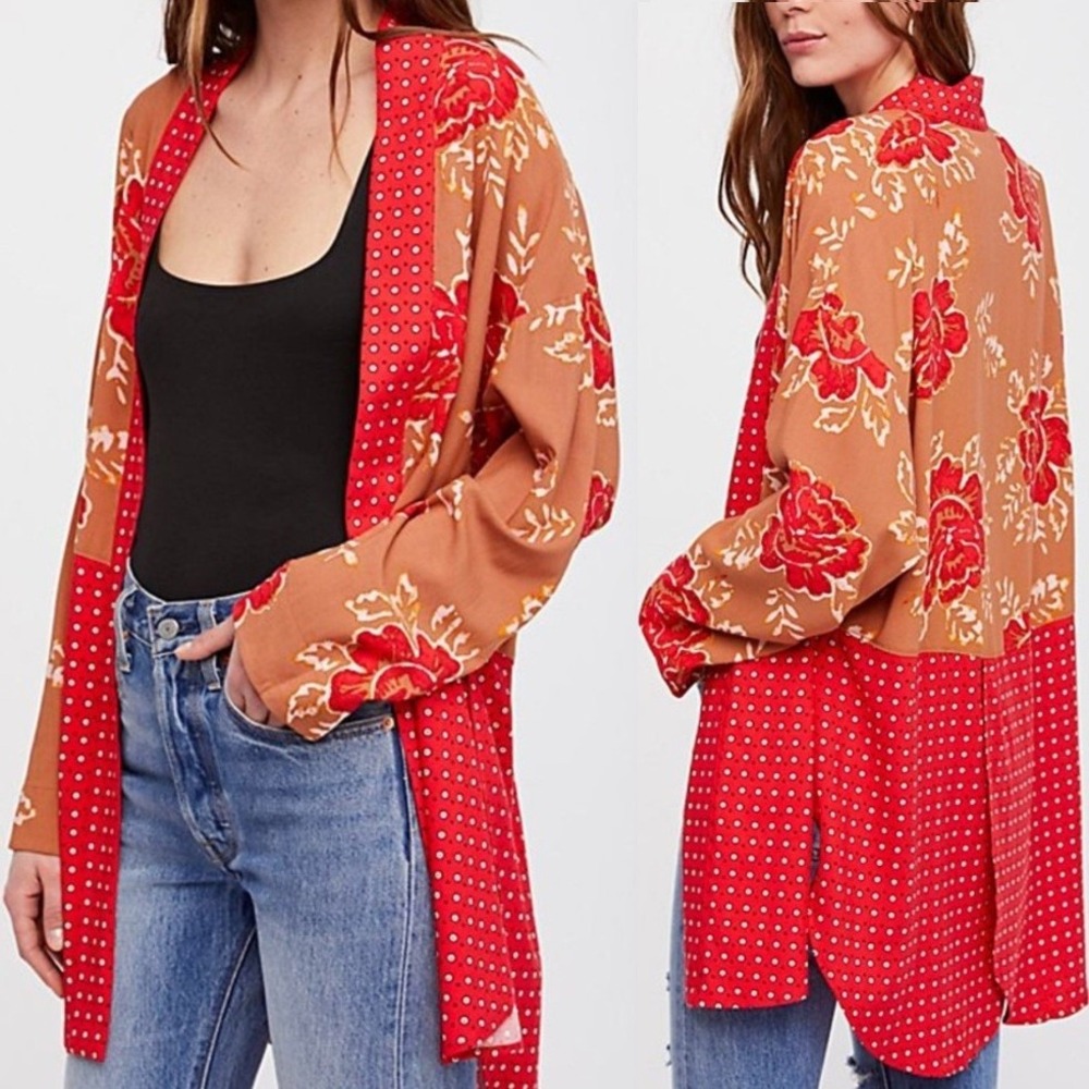 Free People Forget Me Knot Kimono Size L Silk Clay Combo Floral Open Tie Boho